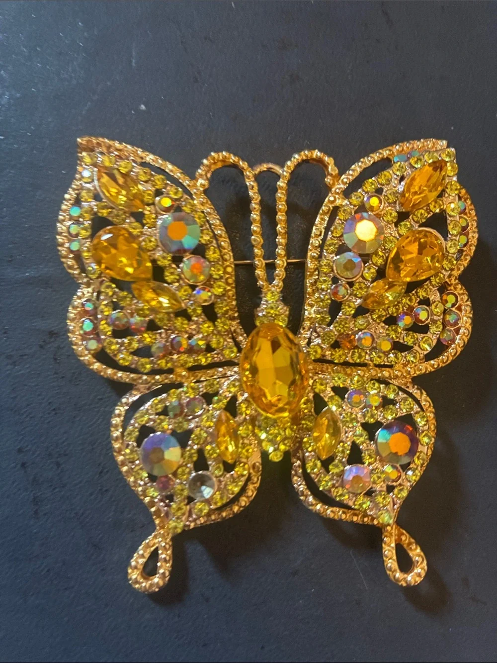 Gold Crystal Butterfly Brooch - Sparkling Yellow Gem Accents